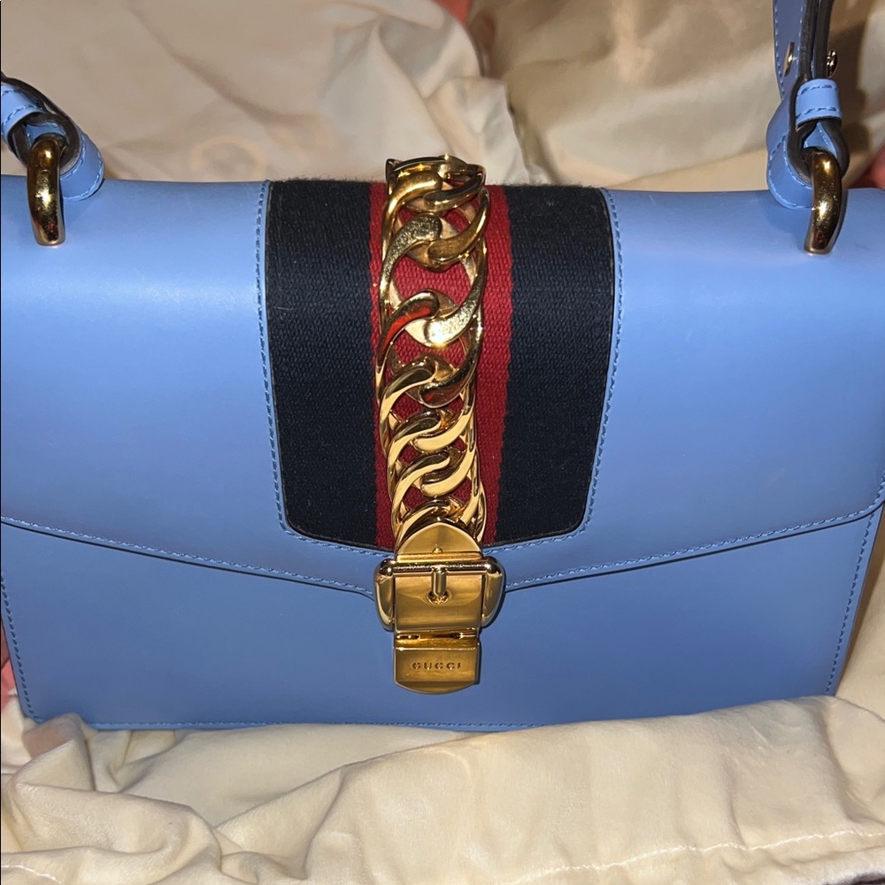 Gucci Blue Leather Handbag with Gold Chain Accent shoulder bag